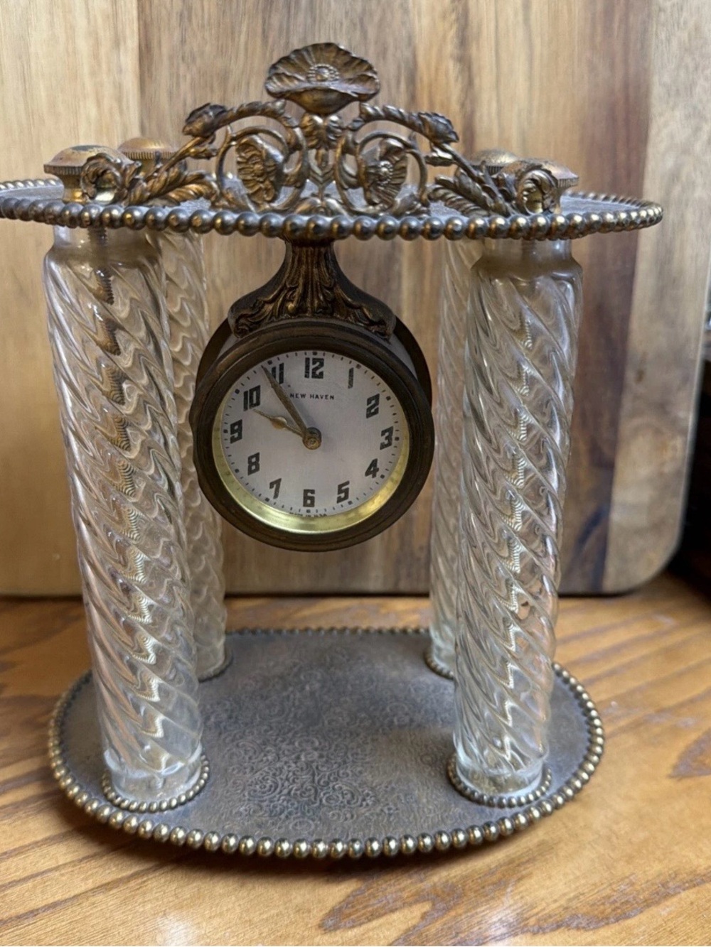 Vintage Antique New Haven Clock Crystal Ornate  Wound Up & Ticking Keeps Time